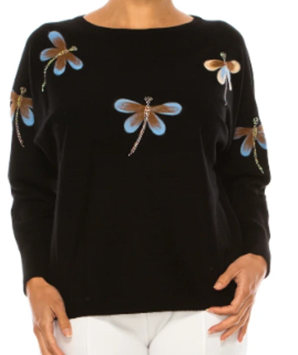 Aaeda Black Sweater w/ Appliqued Dragonflies sz 2X
